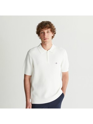 Gant Erkek Beyaz Regular Fit Yarım Fermuarlı Kısa Kollu Triko