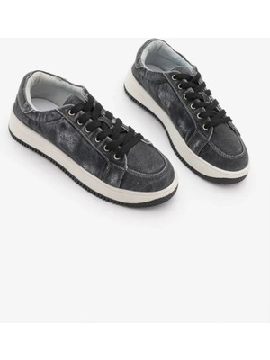 Marjin Kadın Sneaker Kalın Taban Denim Çıkarılabilir Boncuklu Tokalı Spor Ayakkabı Porento Siyah Kot