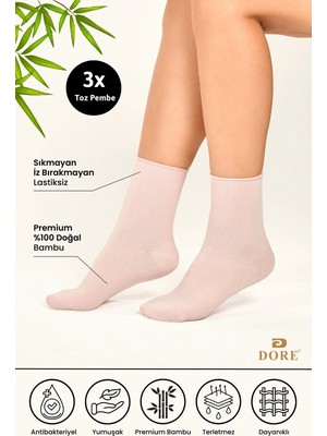 Dore Kadın 3 Çift Premium Yumuşak Konfor Modeli Lastiksiz & Dikişsiz Bambu Soket Çorap Toz Pembe 36-39