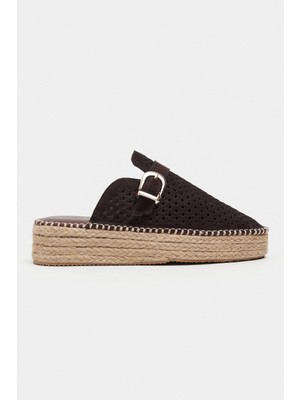Nişantaşı Shoes Maren Kahve Süet Deri Lazer Delikli Toka Detay Hasır Taban Kadın Espadril Terlik