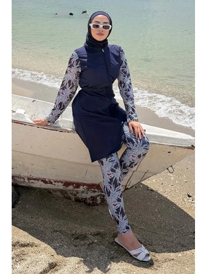 Hafsa Mina Baskı Detaylı Tesettür Mayo Tam Takım Lacivert HM2934
