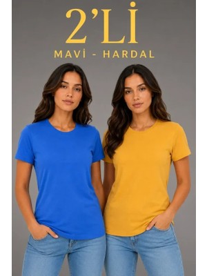 Defy Moda Basic Bisiklet Yaka Yazlık Slim Fit T-Shirt - Mavi - Hardal Sarısı