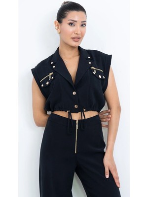 Dorne Moda Özel Seri Fermuar ve Cep Detaylı Crop Yelek Bluz ve Bol Paça Pantolon Ikili Takım - Düğün - Mezuniyet - Ofis Şıklığı