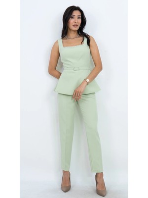 Dorne Moda Özel Koleksiyon Kare Yaka Taş Detaylı Peplum Ceket Pantolon Takım Davet ve Ofis Şıklığı