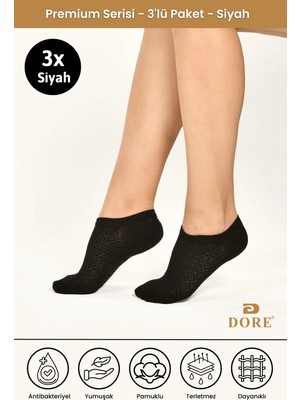 Dore Orijnal Terletmeyen 3 Çift Görünmez Spor Ayakkabı Sneaker Premium Pamuklu Konfor Modeli Patik Çorap Siyah 36-39