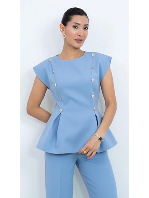 Dorne Moda Özel Koleksiyon Kruvaze Gold Düğmeli Peplum Bluz ve Pantolon Ikili Takım - Düğün - Mezuniyet - Ofis Şıklığı