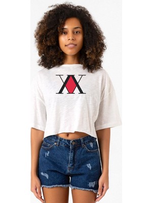 Hunter x Hunter Anime Logo Beyaz Kırçıllı Kadın Crop Tshirt