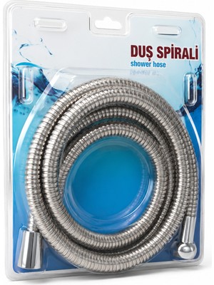 Badem10 SPR402 Krom Gümüş Spiral Blisterli Paslanmaz Örgülü Duş Bağlantı Hortumu 150 cm Dayanıklı Duş Hortum