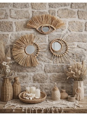 Furestan Home & Living Doğal Rafya Bohem Duvar Aynası Seti - 3'lü Hasır Püsküllü Aynalı Duvar Süsü Kombini Salon Balkon Için