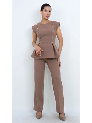 Dorne Moda Özel Koleksiyon Kruvaze Gold Düğmeli Peplum Bluz ve Pantolon Ikili Takım - Düğün - Mezuniyet - Ofis Şıklığı