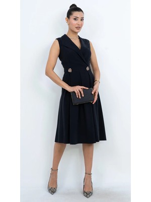Dorne Moda Kruvaze Yaka Kolsuz Midi Elbise - Bel Detaylı, Pileli Şık Günlük & Düğün - Davet Elbisesi