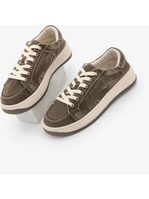 Marjin Kadın Sneaker Kalın Taban Denim Çıkarılabilir Boncuklu Tokalı Spor Ayakkabı Porento Kahve Kot