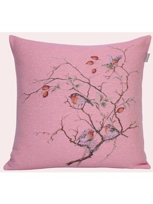 Believe Kuşburnu Dalları Pembe Jakarlı Dokuma  Goblen Dekoratif Kırlent 45*45
