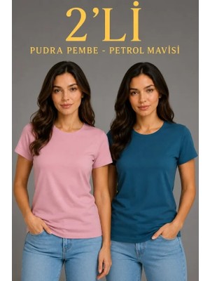 Defy Moda Basic Bisiklet Yaka Yazlık Slim Fit T-Shirt - Pudra Pembe - Petrol Mavi