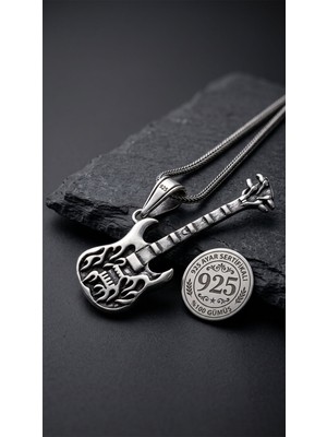 Erdobia 925 Ayar Gümüş Erkek Kolye - Oksitli Alev Desenli Elektro Gitar Uçlu Tilki Kuyruğu Örgü Zincir