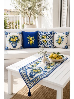 Luxeinci Limon Motifli 4 Kırlent Kılıfı ve 1 Runner Seti
