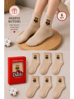 Ducks Socks Kadın Teddy Bear Çorap Hediye Kutulu Pamuklu Kısa Konç Ayıcıklı Çorap 6'lı Dikişsiz