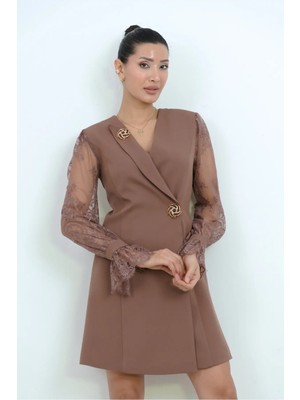 Dorne Moda Özel Koleksiyon Dantel Kol Mini Elbise - Düğün - Mezuniyet - Ofis Şıklığı