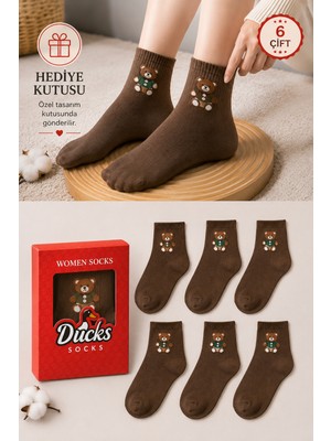 Ducks Socks Kadın Teddy Bear Çorap Hediye Kutulu Pamuklu Kısa Konç Ayıcıklı Çorap 6'lı Dikişsiz