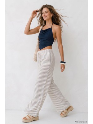 Rays Laci Çizgili Müslin Bol Paça Pantolon 8623A