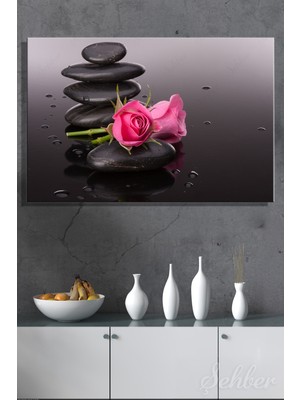 Şehber Kanvas Tablo Yatay Tekli  Spa Merkezi Yogo Meditasyon Siyah Spa Taşları Pembe Güller 2618