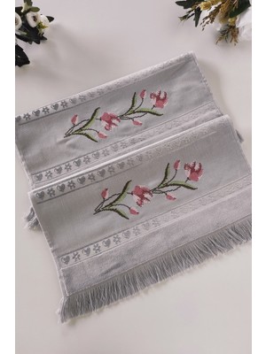 Gül Nakışlı Jakarlı Kadife El Yüz Havlusu - 50x90 cm-Gri