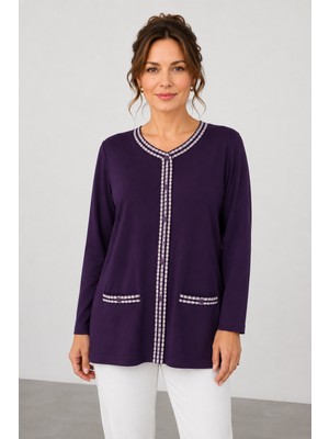 Bihan Store Kadın V Yaka Önü Şerit Nakışlı Rahat Kesim Bluz Y26-590 - Mürdüm