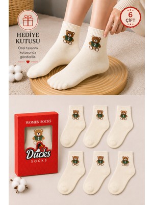 Ducks Socks Kadın Teddy Bear Çorap Hediye Kutulu Pamuklu Kısa Konç Ayıcıklı Çorap 6'lı Dikişsiz
