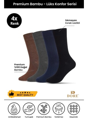 Dore Erkek 4 Çift Premium Bambu Dikişsiz Esnek Lastikli Konfor Modeli Uzun Soket Çorap Siyah Lacivert Antrasit Kahverengi 40-44