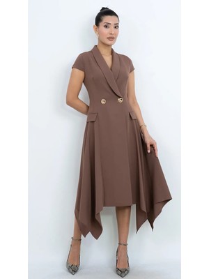 Dorne Moda Asimetrik Kesim Düğme Detaylı Blazer Yaka Midi Elbise - Düğün - Mezuniyet - Ofis Şıklığı