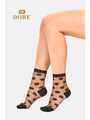 Dore Kadın 2 Çift Premium Kalite Desenli Tül Çorap Puantiyeli Özel Tasarım Soket Model Çorap Soket Siyah 36-39