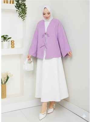 Exit Collection Kadın Tesettür Keten Önü Bağlamalı 2 Bağcıklı Modern Şık Etek Üsttü Lila Kimono Gömlek