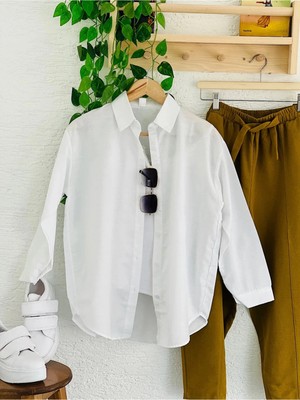 Exit Collection Kadın Abs Boyfriend Uzun Basic Beyaz Tesettür Gömlek