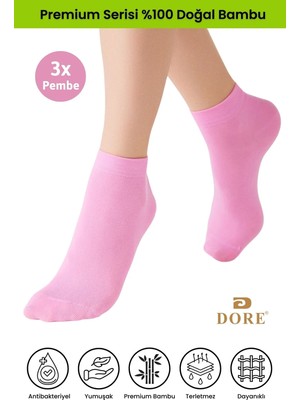 Dore Kadın 3 Çift Bambu Ultra Comfort Terletmeyen Spor Ayakkabı Sneaker Premium Patik Çorap Pembe 36-39