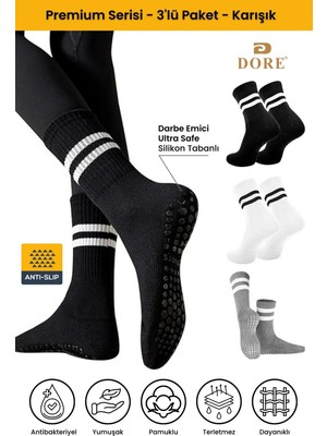 Dore Unisex 3 Çift Kaymaz Pilates ve Yoga Plates Kaydırmaz Tabanlı Çorap Siyah Beyaz Gri 36 - 42