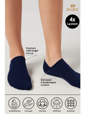 Dore 4 Çift Premium Pamuklu Penye Konforlu Dikişsiz Görünmez Spor Ayakkabı Sneaker Çorap Lacivert 40-44