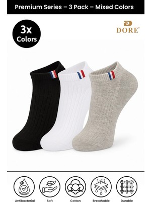 Dore Unisex 3 Çift Yazlık Premium Sport Ter Emici Nefes Alan Pamuklu Kısa Patik Spor Çorap Gri Beyaz Siyah 39-42