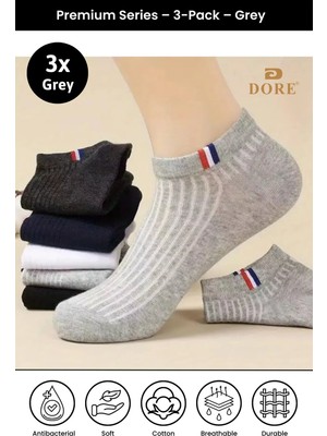 Dore Unisex 3 Çift Yazlık Premium Sport Ter Emici Nefes Alan Pamuklu Kısa Patik Spor Çorap Gray Gri 36-39