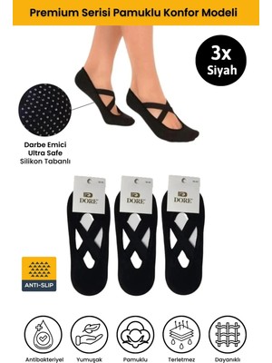 Dore Kadın 3 Çift Kaymaz Tabanlı Pilates Yoga Dans Bale Plates Kaydırmaz Çorap - Standart Beden Siyah 3'lü 36 - 42