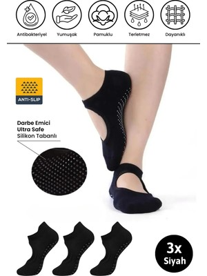 Dore Kadın 3 Çift Kaymaz Pilates ve Yoga Kaydırmaz Tabanlı Plates Bale Dans Çorabı - 3 x Siyah 36 - 42