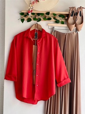 Exit Collection Kadın Abs Boyfriend Uzun Basic Kırmızı Tesettür Gömlek