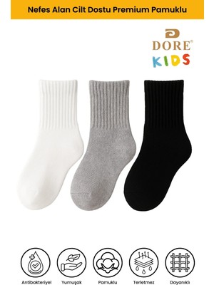Dore Unisex Çocuk 3 Çift Pamuklu Cilt Dostu Premium Ultra Yumuşak Kız Erkek Çocuk Kolej Çorap Beyaz Gri Siyah 5-7 Yaş
