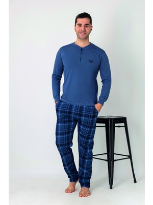 Estiva Erkek Kareli Alt Desenli Petrol Uzun Kollu Patlı Penye Pijama Takımı