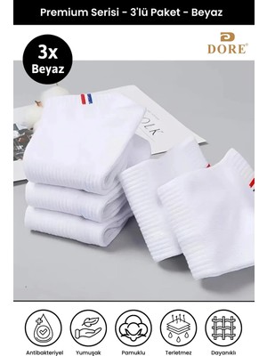 Dore Unisex 3 Çift Premium Pamuklu Esnek Konfor Modeli 4 Mevsim Spor & Günlük Kısa Patik Çorap Beyaz 43-46