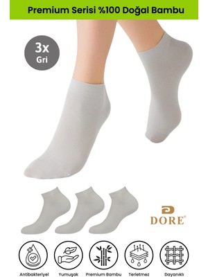 Dore Kadın 3 Çift Bambu Ultra Comfort Terletmeyen Spor Ayakkabı Sneaker Premium Patik Çorap Gri 36-39