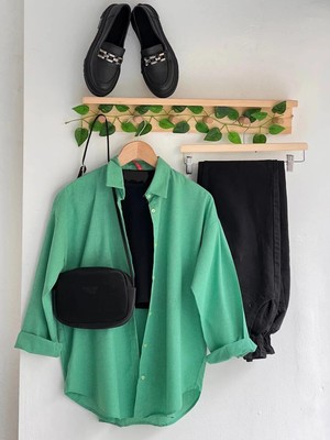 Exit Collection Kadın Abs Boyfriend Uzun Basic Açık Yeşil Tesettür Gömlek