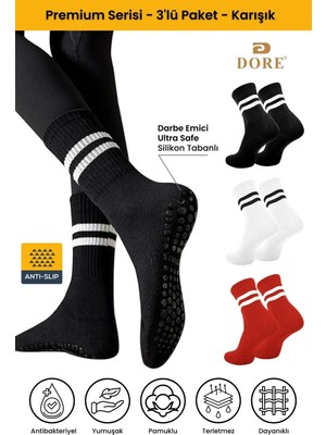 Dore Unisex 3 Çift Kaymaz Pilates ve Yoga Plates Kaydırmaz Tabanlı Çorap Siyah Beyaz Kırmızı 36 - 42