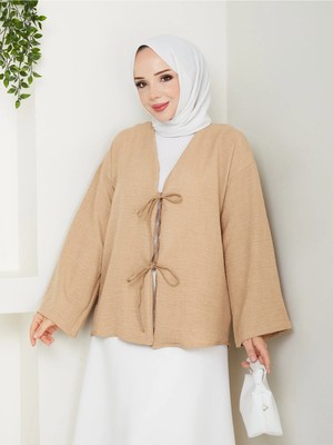 Exit Collection Kadın Tesettür Keten Önü Bağlamalı 2 Bağcıklı Modern Şık Etek Üsttü Bej Taş Kimono Gömlek