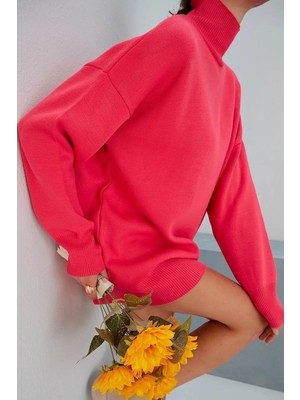 Hiccup Kadınlar My Fashıon Oversized Dik Yaka Triko Kazak Pembe
