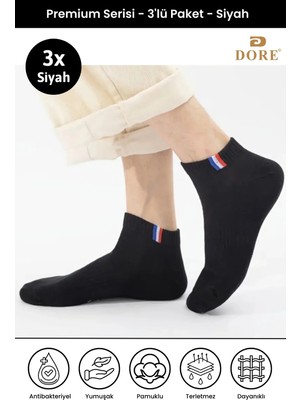 Dore Unisex 3 Çift Premium Pamuklu Esnek Konfor Modeli 4 Mevsim Spor & Günlük Kısa Patik Çorap Siyah Black 43-46